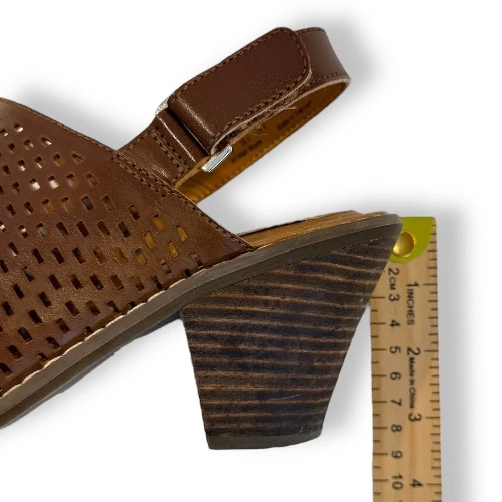 Dr. Scholls Codie Brown Perforated Peep Toe Slingback Block Heel Sandals 8.5M‎